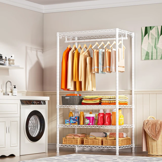 Alt view image 5 of 7 - H4 Portable Closets, 4-Tier Metal Clothes Garment Rack for Bedroom and Cloakroom, Clothing Closet Storage and Organizer Wardrobe, 35.4" W x 14" D x 76.4" H, White