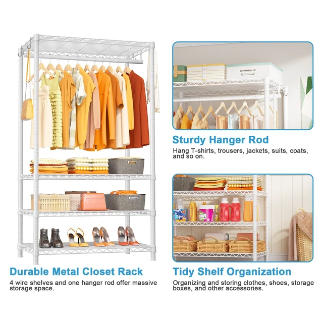 Alt view image 6 of 7 - H4 Portable Closets, 4-Tier Metal Clothes Garment Rack for Bedroom and Cloakroom, Clothing Closet Storage and Organizer Wardrobe, 35.4" W x 14" D x 76.4" H, White