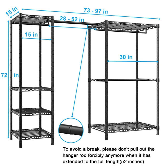 Alt view image 2 of 6 - E10 Clothes RackWith Stretchable Hanger RodFreestanding Clothing Racks for Hanging ClothesAdjustable Closet Organizer SystemPortable Garment Rack 73-97"W x 15" D x 72" HMax Load 800LBSBlack