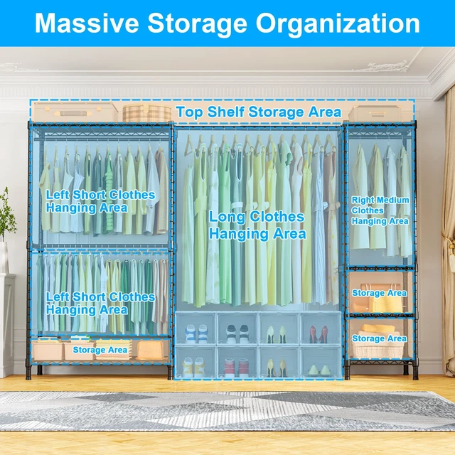 Alt view image 4 of 6 - E10 Clothes RackWith Stretchable Hanger RodFreestanding Clothing Racks for Hanging ClothesAdjustable Closet Organizer SystemPortable Garment Rack 73-97"W x 15" D x 72" HMax Load 800LBSBlack