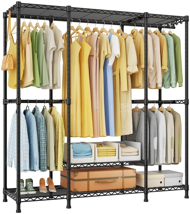 Main image of E3 Heavy Duty Garment Rack 4-Tier Freestanding Closet Organizer System | Metal Clothing Organization and Storage System for Clothes, Portable Wardrobe with 5 Shelves for Load 850lbs, Black