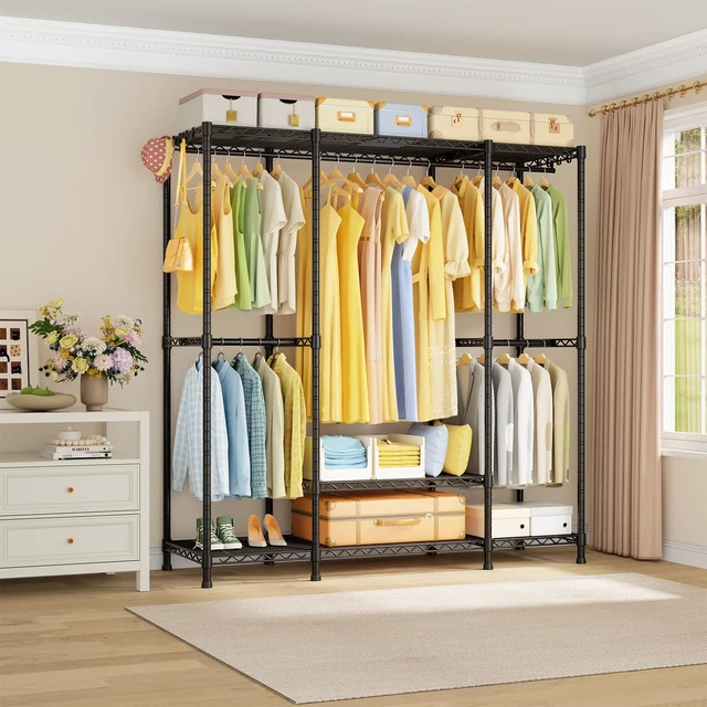 Alt view image 2 of 7 - E3 Heavy Duty Garment Rack 4-Tier Freestanding Closet Organizer System | Metal Clothing Organization and Storage System for Clothes, Portable Wardrobe with 5 Shelves for Load 850lbs, Black