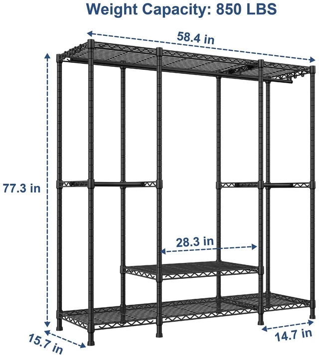 Alt view image 3 of 7 - E3 Heavy Duty Garment Rack 4-Tier Freestanding Closet Organizer System | Metal Clothing Organization and Storage System for Clothes, Portable Wardrobe with 5 Shelves for Load 850lbs, Black