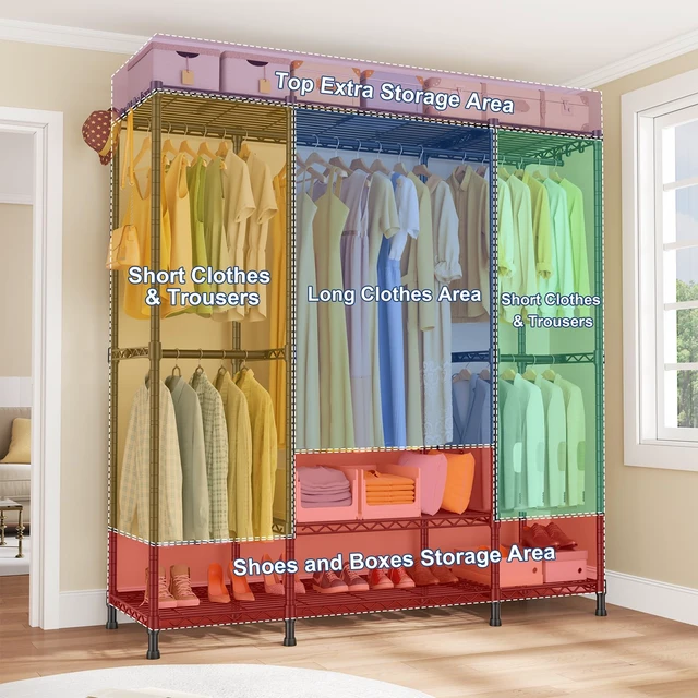 Alt view image 4 of 7 - E3 Heavy Duty Garment Rack 4-Tier Freestanding Closet Organizer System | Metal Clothing Organization and Storage System for Clothes, Portable Wardrobe with 5 Shelves for Load 850lbs, Black