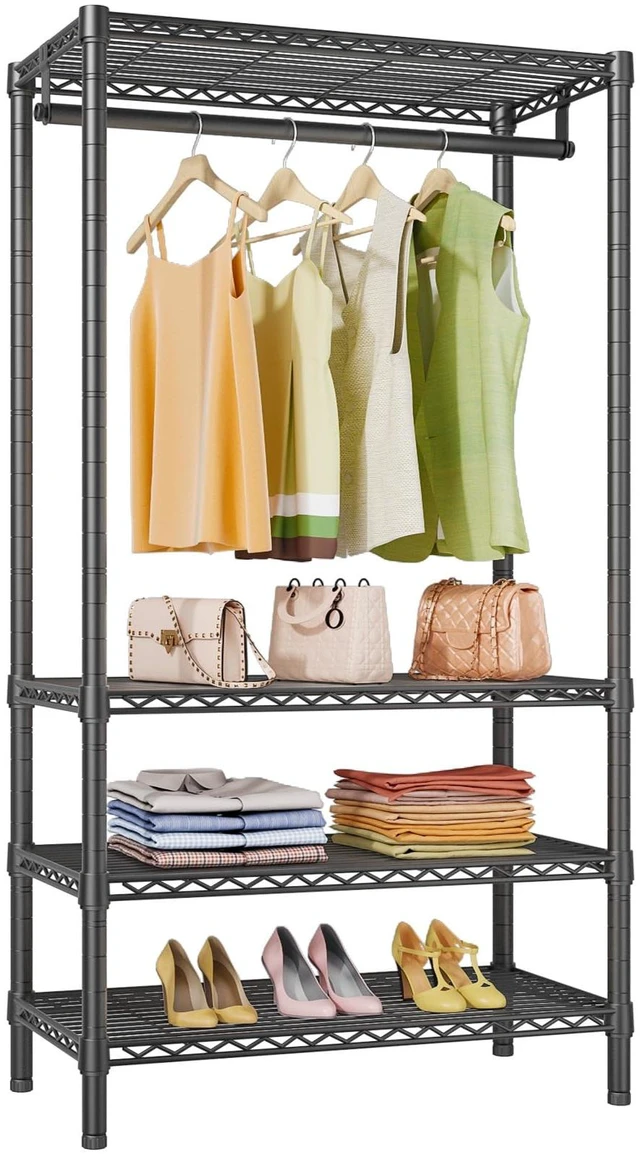 Main image of V1 Medium Portable Garment Racks for Bedroom/Apartments/Dorms, Black | Heavy Duty Clothes Rack with 4 Tiers Adjustable Shelves & Hanging Rod, for Laundry Room/ Entry Closet, 440lbs Capacity