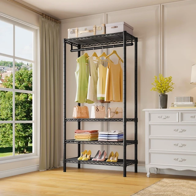 Alt view image 2 of 7 - V1 Medium Portable Garment Racks for Bedroom/Apartments/Dorms, Black | Heavy Duty Clothes Rack with 4 Tiers Adjustable Shelves & Hanging Rod, for Laundry Room/ Entry Closet, 440lbs Capacity