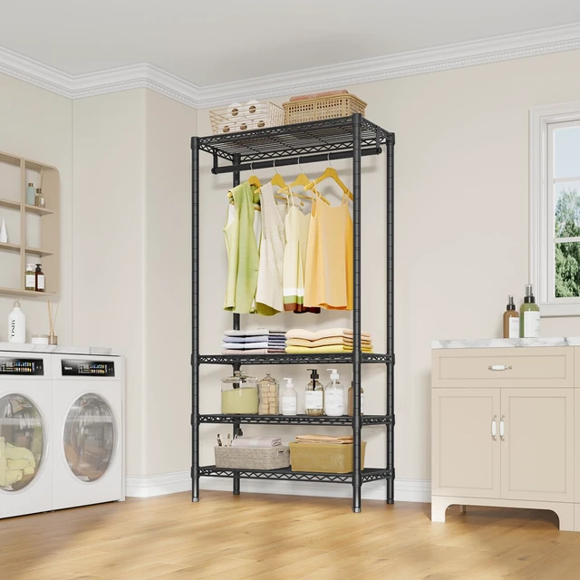 Alt view image 3 of 7 - V1 Medium Portable Garment Racks for Bedroom/Apartments/Dorms, Black | Heavy Duty Clothes Rack with 4 Tiers Adjustable Shelves & Hanging Rod, for Laundry Room/ Entry Closet, 440lbs Capacity