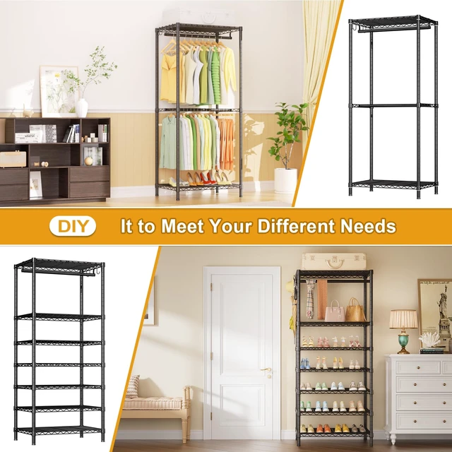 Alt view image 5 of 7 - E13 Heavy Duty Clothes RackWith 4 Hanger Rods & 8 Shelves Freestanding Clothing Racks for Hanging ClothesAdjustable Closet OrganizerMetal Garment Rack 63" W x16 D x77 HMax Load 900LBSBlack