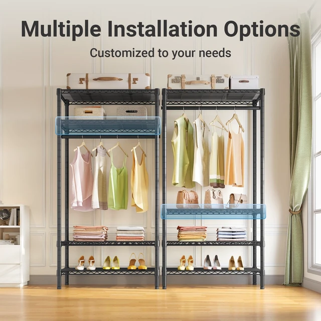 Alt view image 4 of 7 - V1 Medium Portable Garment Racks for Bedroom/Apartments/Dorms, Black | Heavy Duty Clothes Rack with 4 Tiers Adjustable Shelves & Hanging Rod, for Laundry Room/ Entry Closet, 440lbs Capacity
