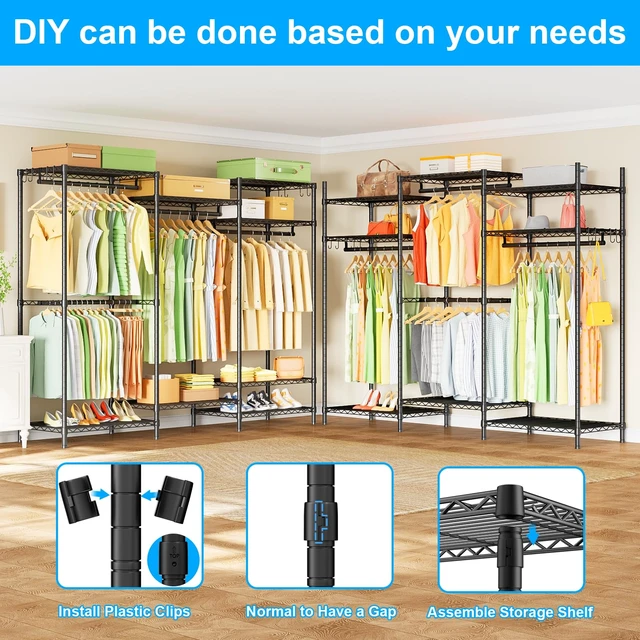 Alt view image 4 of 7 - E13 Heavy Duty Clothes RackWith 4 Hanger Rods & 8 Shelves Freestanding Clothing Racks for Hanging ClothesAdjustable Closet OrganizerMetal Garment Rack 63" W x16 D x77 HMax Load 900LBSBlack
