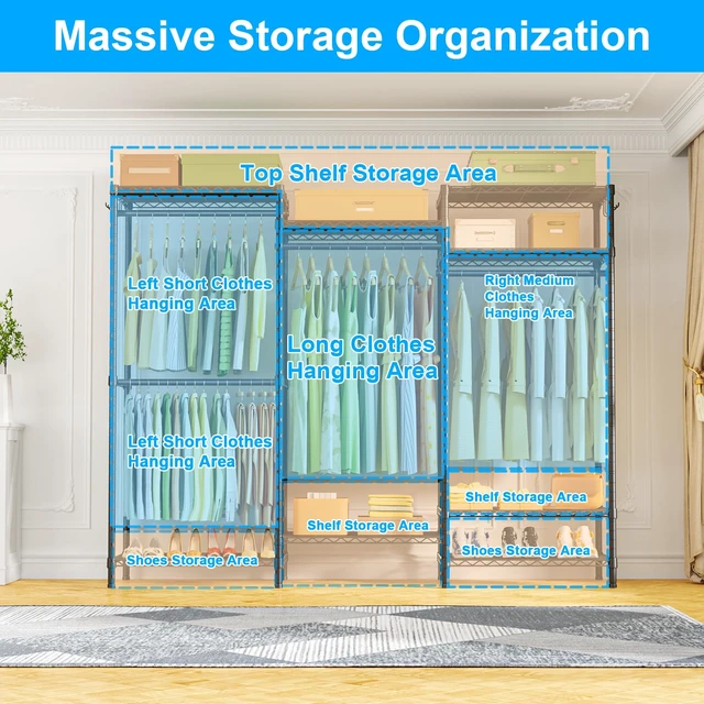 Alt view image 3 of 7 - E13 Heavy Duty Clothes RackWith 4 Hanger Rods & 8 Shelves Freestanding Clothing Racks for Hanging ClothesAdjustable Closet OrganizerMetal Garment Rack 63" W x16 D x77 HMax Load 900LBSBlack