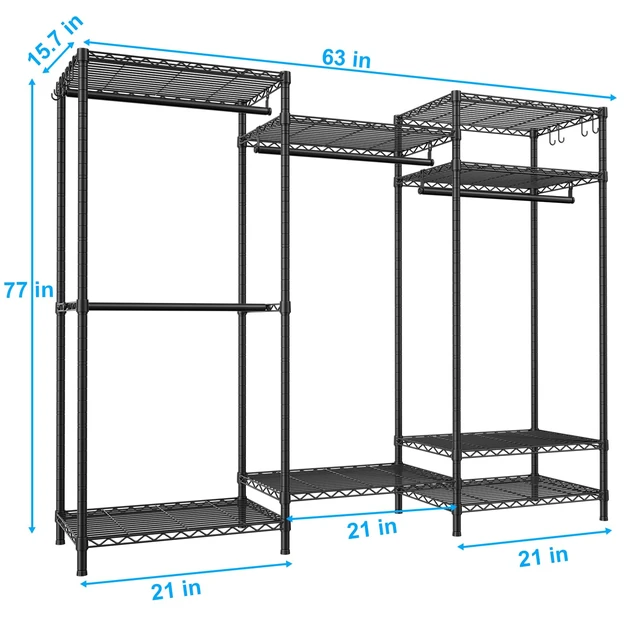Alt view image 2 of 7 - E13 Heavy Duty Clothes RackWith 4 Hanger Rods & 8 Shelves Freestanding Clothing Racks for Hanging ClothesAdjustable Closet OrganizerMetal Garment Rack 63" W x16 D x77 HMax Load 900LBSBlack