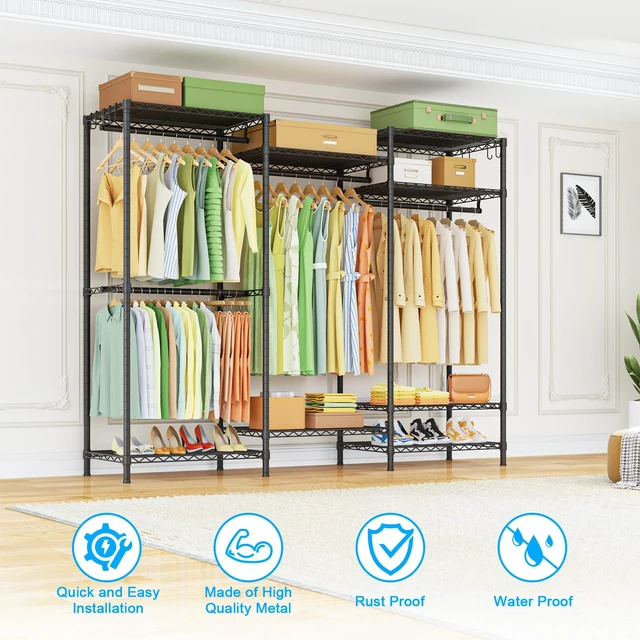 Alt view image 6 of 7 - E13 Heavy Duty Clothes RackWith 4 Hanger Rods & 8 Shelves Freestanding Clothing Racks for Hanging ClothesAdjustable Closet OrganizerMetal Garment Rack 63" W x16 D x77 HMax Load 900LBSBlack