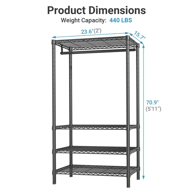 Alt view image 6 of 7 - V1 Medium Portable Garment Racks for Bedroom/Apartments/Dorms, Black | Heavy Duty Clothes Rack with 4 Tiers Adjustable Shelves & Hanging Rod, for Laundry Room/ Entry Closet, 440lbs Capacity
