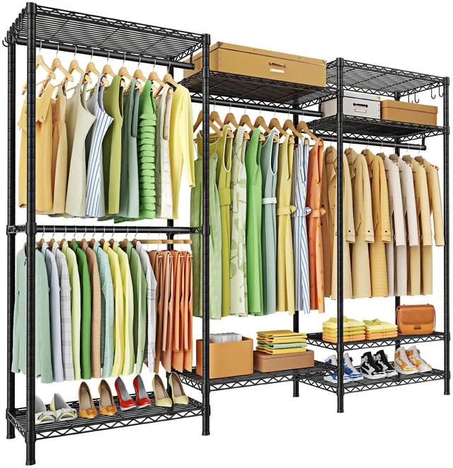 Main image of E13 Heavy Duty Clothes RackWith 4 Hanger Rods & 8 Shelves Freestanding Clothing Racks for Hanging ClothesAdjustable Closet OrganizerMetal Garment Rack 63" W x16 D x77 HMax Load 900LBSBlack