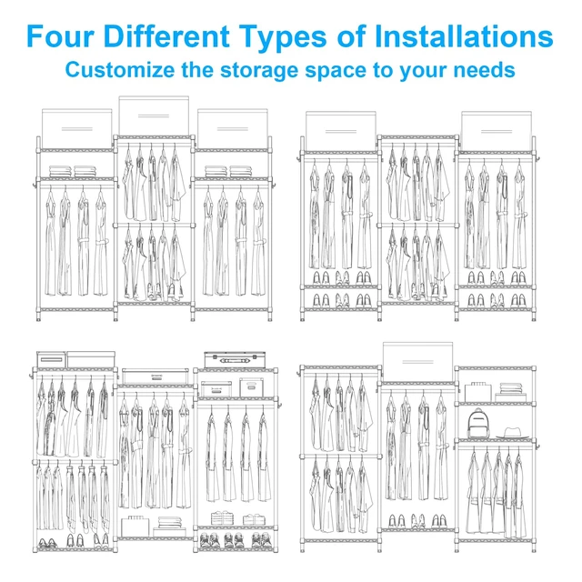 Alt view image 7 of 7 - E13 Heavy Duty Clothes RackWith 4 Hanger Rods & 8 Shelves Freestanding Clothing Racks for Hanging ClothesAdjustable Closet OrganizerMetal Garment Rack 63" W x16 D x77 HMax Load 900LBSBlack