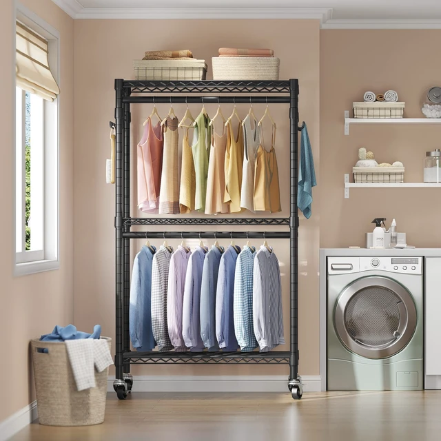 Alt view image 2 of 7 - R2 Medium Clothes Rack for Hanging Clothes Rolling Portable Closet | Lockable Silent Wheels, Double Hanging Rods, Adjustable Wire Shelving/Side Hooks, Space-Saving for Small Space, 500lbs, Black