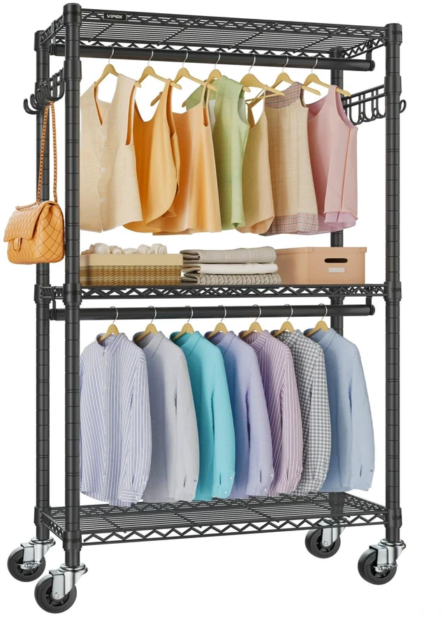 Main image of R2 Medium Clothes Rack for Hanging Clothes Rolling Portable Closet | Lockable Silent Wheels, Double Hanging Rods, Adjustable Wire Shelving/Side Hooks, Space-Saving for Small Space, 500lbs, Black