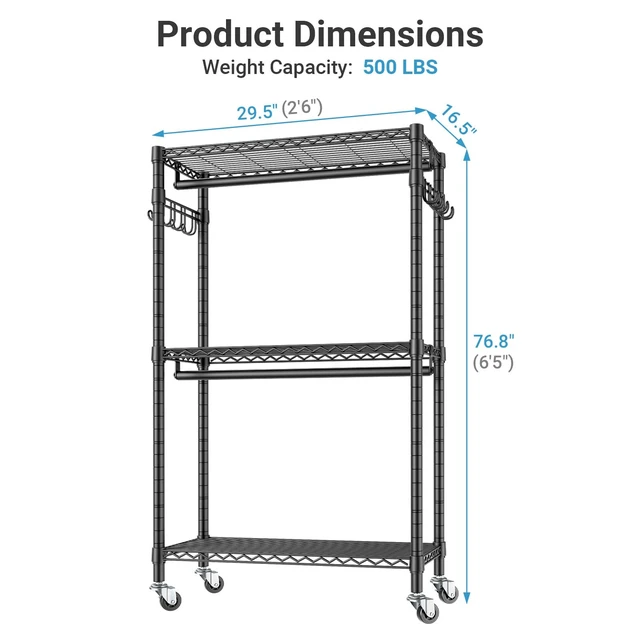 Alt view image 5 of 7 - R2 Medium Clothes Rack for Hanging Clothes Rolling Portable Closet | Lockable Silent Wheels, Double Hanging Rods, Adjustable Wire Shelving/Side Hooks, Space-Saving for Small Space, 500lbs, Black
