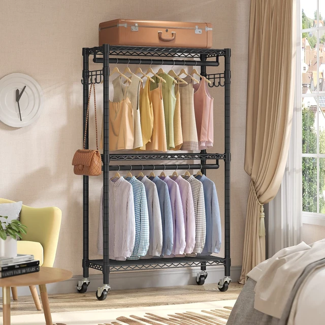 Alt view image 4 of 7 - R2 Medium Clothes Rack for Hanging Clothes Rolling Portable Closet | Lockable Silent Wheels, Double Hanging Rods, Adjustable Wire Shelving/Side Hooks, Space-Saving for Small Space, 500lbs, Black