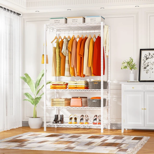 Alt view image 2 of 7 - H4 Portable Closets, 4-Tier Metal Clothes Garment Rack for Bedroom and Cloakroom, Clothing Closet Storage and Organizer Wardrobe, 35.4" W x 14" D x 76.4" H, White
