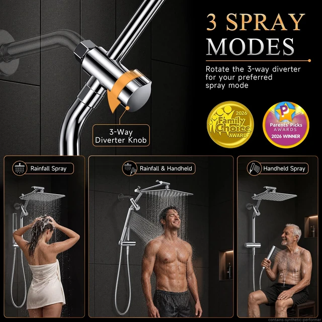 Alt view image 3 of 7 - All Metal 10"Luxurious Rain Shower Head with Handheld Spary,Power Jet | Square,Dual High Pressure Showerhead Combo,Double Detachable Shower Heads,Rainfall with Extension Arm,Long Hose,Chrome,Silver