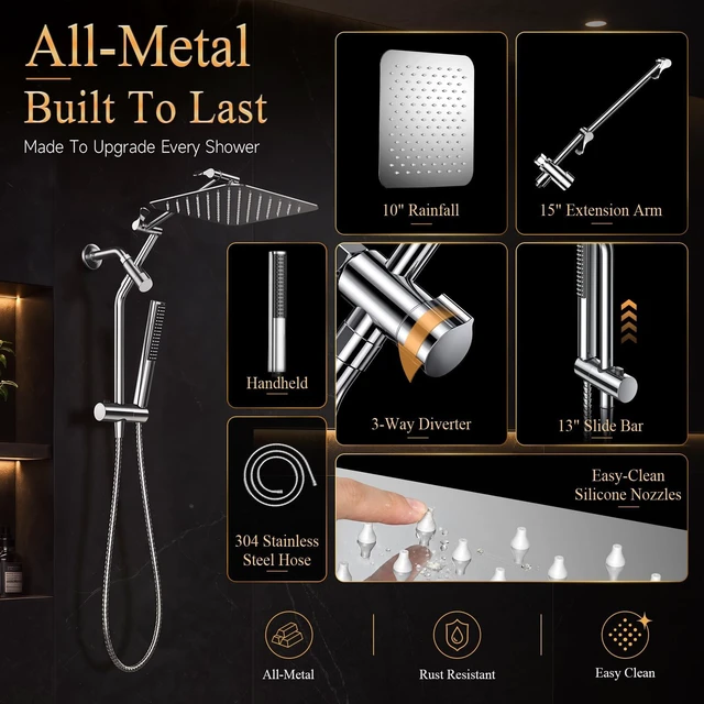 Alt view image 5 of 7 - All Metal 10"Luxurious Rain Shower Head with Handheld Spary,Power Jet | Square,Dual High Pressure Showerhead Combo,Double Detachable Shower Heads,Rainfall with Extension Arm,Long Hose,Chrome,Silver