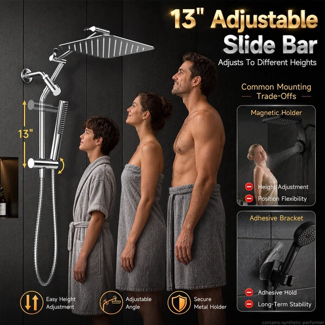 Alt view image 6 of 7 - All Metal 10"Luxurious Rain Shower Head with Handheld Spary,Power Jet | Square,Dual High Pressure Showerhead Combo,Double Detachable Shower Heads,Rainfall with Extension Arm,Long Hose,Chrome,Silver