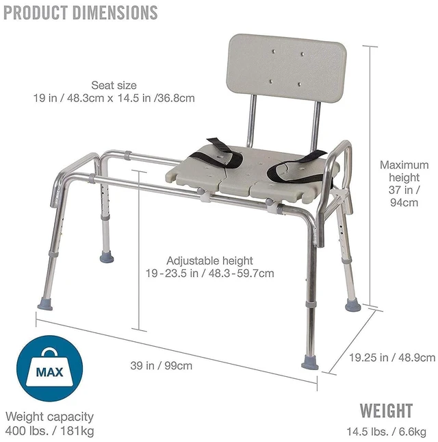 Alt view image 3 of 7 - Tub Transfer Bench and Shower Chair with Non Slip Aluminum Body, FSA Eligible, Adjustable Seat Height and Cut Out Access, Holds Weight up to 400 Lbs, Bath and Shower Safety, Transfer Bench