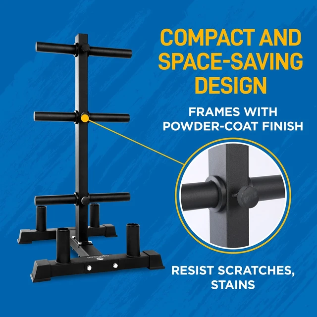 Alt view image 4 of 7 - 6-Pegs Olympic Weight Plate Rack & 4 Barbells - 800 Pounds Capacity, Heavy Duty Gym Organizer, Scratch Resistant Frame, Powder-Coat Finish, Easy to Assemble, Compact & Space-Saving