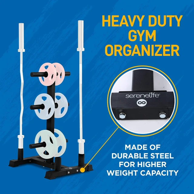 Alt view image 3 of 7 - 6-Pegs Olympic Weight Plate Rack & 4 Barbells - 800 Pounds Capacity, Heavy Duty Gym Organizer, Scratch Resistant Frame, Powder-Coat Finish, Easy to Assemble, Compact & Space-Saving