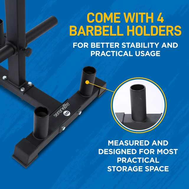 Alt view image 5 of 7 - 6-Pegs Olympic Weight Plate Rack & 4 Barbells - 800 Pounds Capacity, Heavy Duty Gym Organizer, Scratch Resistant Frame, Powder-Coat Finish, Easy to Assemble, Compact & Space-Saving