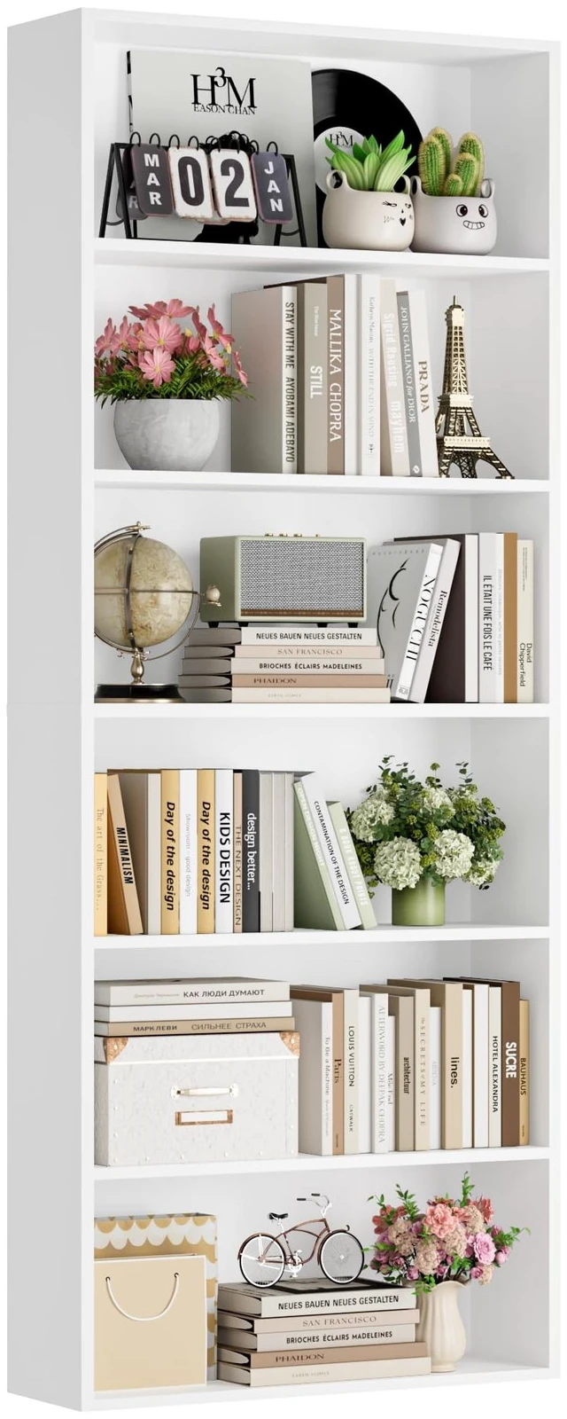 Main image of 6 Tier Tall Bookshelf and Bookcase with Open Display Shelves, White | Industrial Tall Bookcases with Storage, Freestanding Book Shelf for Home Office, School Library , Living Room, Narrow Space