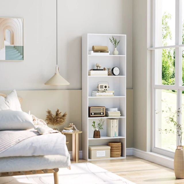 Alt view image 2 of 7 - 6 Tier Tall Bookshelf and Bookcase with Open Display Shelves, White | Industrial Tall Bookcases with Storage, Freestanding Book Shelf for Home Office, School Library , Living Room, Narrow Space