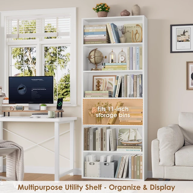 Alt view image 4 of 7 - 6 Tier Tall Bookshelf and Bookcase with Open Display Shelves, White | Industrial Tall Bookcases with Storage, Freestanding Book Shelf for Home Office, School Library , Living Room, Narrow Space
