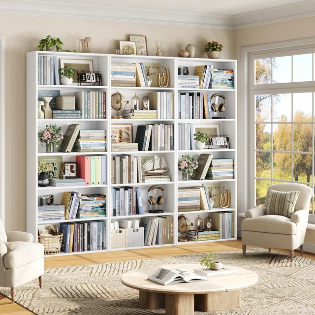 Alt view image 3 of 7 - 6 Tier Tall Bookshelf and Bookcase with Open Display Shelves, White | Industrial Tall Bookcases with Storage, Freestanding Book Shelf for Home Office, School Library , Living Room, Narrow Space