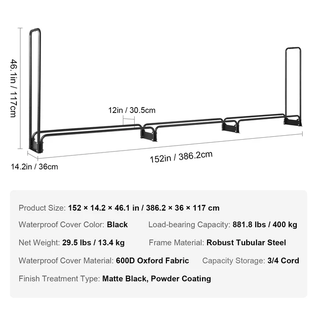 Alt view image 6 of 7 - 12.7FT Outdoor Firewood Rack with Cover, Firewood Holder for 3/4 Cord | Heavy Duty Wood Storage with Half-Covered for Porches Gardens Patios Yards Log Steel Frame UV Protection