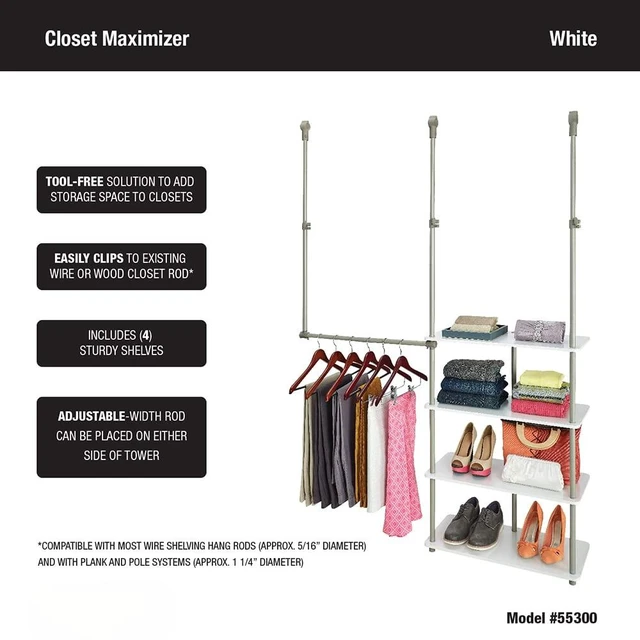 Alt view image 4 of 6 - Closet Accessory, Add Adjustable Storage Space, 4 Shelves, Double Hang Rod, Tool Free, Add On Unit, White