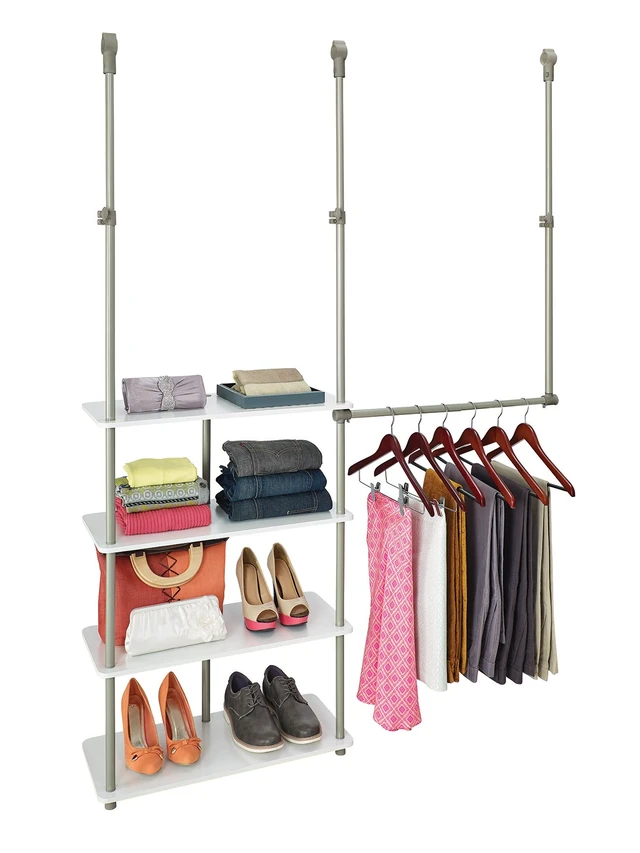 Alt view image 2 of 6 - Closet Accessory, Add Adjustable Storage Space, 4 Shelves, Double Hang Rod, Tool Free, Add On Unit, White