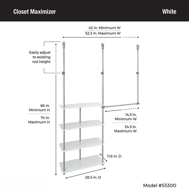 Alt view image 5 of 6 - Closet Accessory, Add Adjustable Storage Space, 4 Shelves, Double Hang Rod, Tool Free, Add On Unit, White