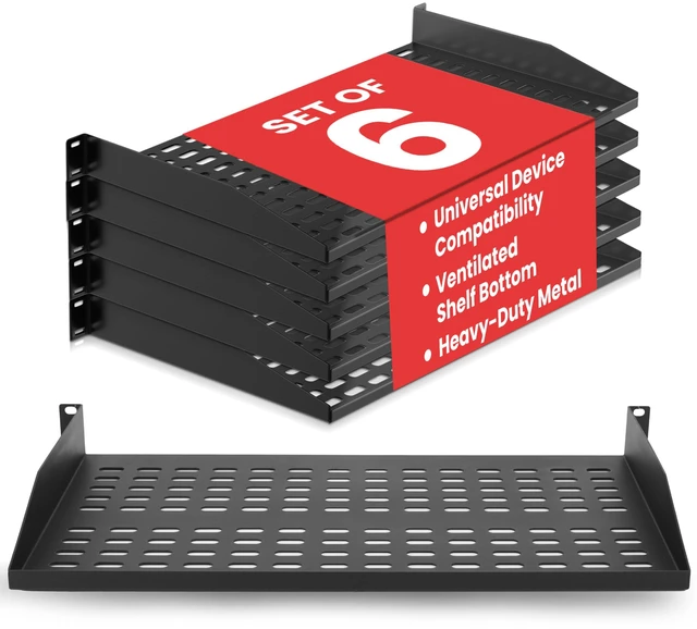 Main image of 19-Inch 1U Server Rack Shelf - 6 pcs. Vented Metal Shelves for Optimal Airflow, Wall or Rack MountableSupports up to 110 lbs, 17 x 10 Shelf Tray for Cabinets, Computers & Network Equipment