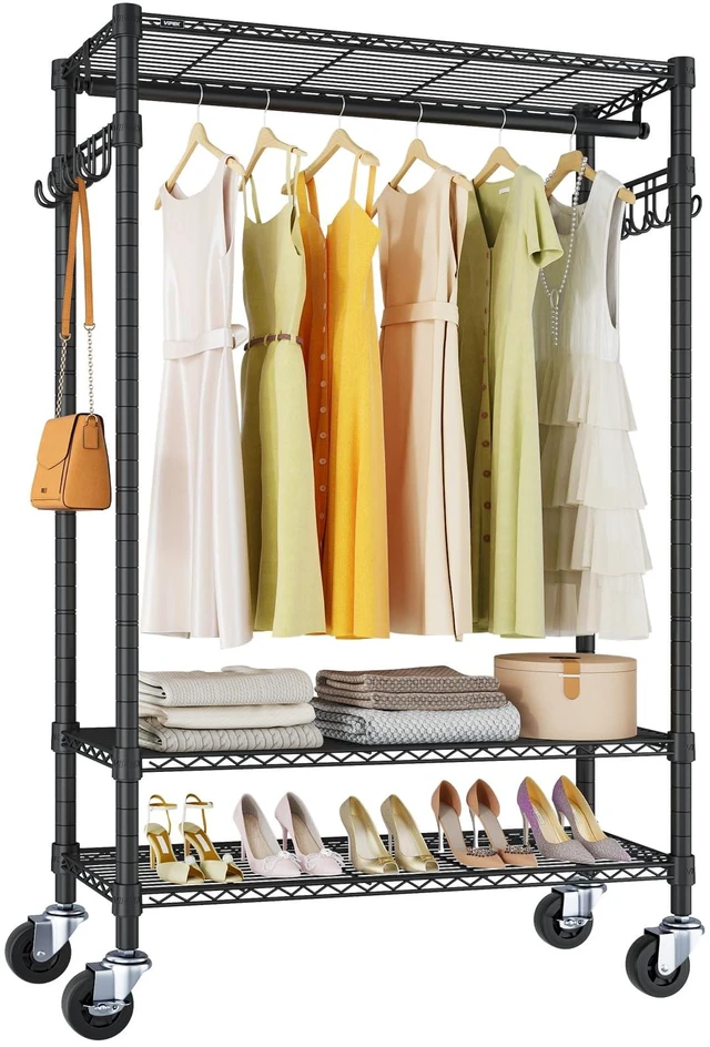Main image of R3 Rolling Clothes Rack Heavy Duty Portable Closet for Hanging Cloth | Lockable Silent Wheels, Adjustable Wire Shelving, Metal Side Hooks, Load 374lbs, Space-Saving Storage for laundry, Black