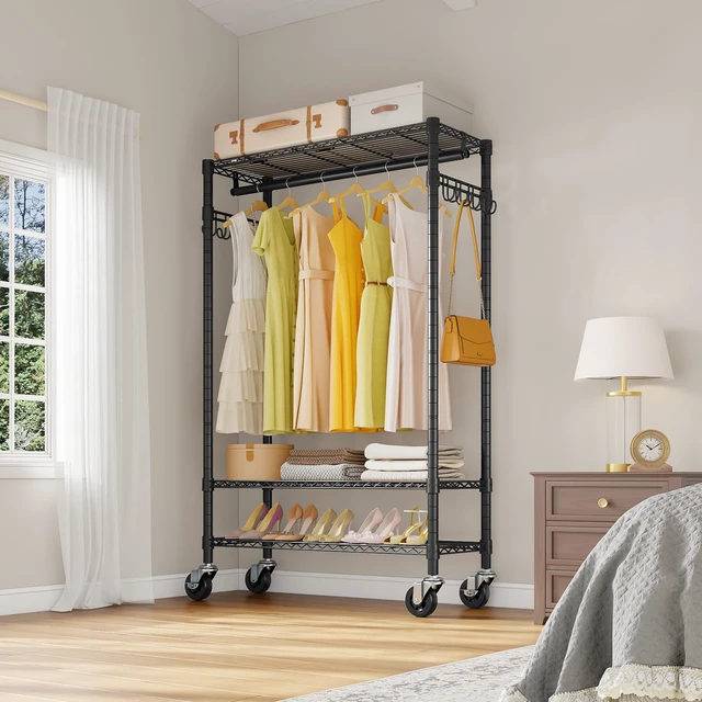 Alt view image 2 of 7 - R3 Rolling Clothes Rack Heavy Duty Portable Closet for Hanging Cloth | Lockable Silent Wheels, Adjustable Wire Shelving, Metal Side Hooks, Load 374lbs, Space-Saving Storage for laundry, Black