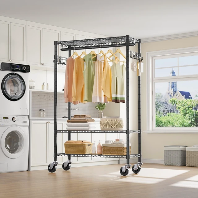 Alt view image 3 of 7 - R3 Rolling Clothes Rack Heavy Duty Portable Closet for Hanging Cloth | Lockable Silent Wheels, Adjustable Wire Shelving, Metal Side Hooks, Load 374lbs, Space-Saving Storage for laundry, Black