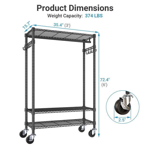 Alt view image 5 of 7 - R3 Rolling Clothes Rack Heavy Duty Portable Closet for Hanging Cloth | Lockable Silent Wheels, Adjustable Wire Shelving, Metal Side Hooks, Load 374lbs, Space-Saving Storage for laundry, Black
