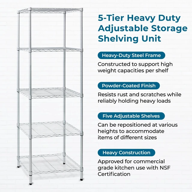 Alt view image 6 of 7 - 5-Tier Heavy Duty Adjustable Shelving Unit, 250-lb Per Shelf NSF Certified Metal Storage Rack, White Wire Shelf for Laundry Kitchen Pantry, 24 x 18 x 72 in