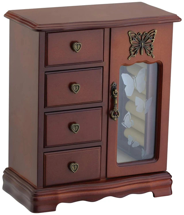 Main image of Solid Wood Jewelry Box for Women Brown | Vintage Butterfly Glass Door Jewelry Armoire with Mirror, 4 Drawers & Rotating Necklace Carousel