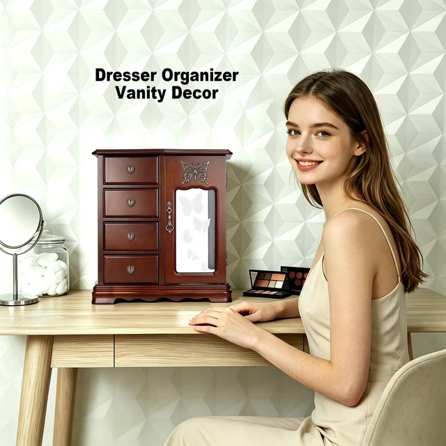 Alt view image 4 of 7 - Solid Wood Jewelry Box for Women Brown | Vintage Butterfly Glass Door Jewelry Armoire with Mirror, 4 Drawers & Rotating Necklace Carousel