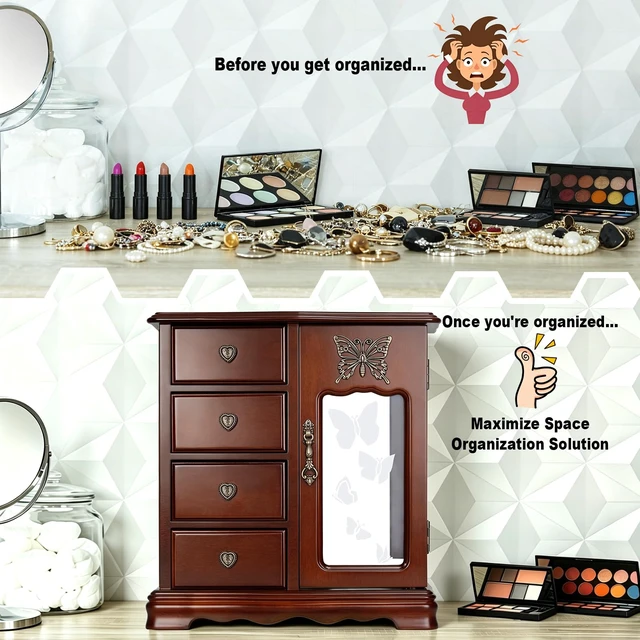 Alt view image 3 of 7 - Solid Wood Jewelry Box for Women Brown | Vintage Butterfly Glass Door Jewelry Armoire with Mirror, 4 Drawers & Rotating Necklace Carousel