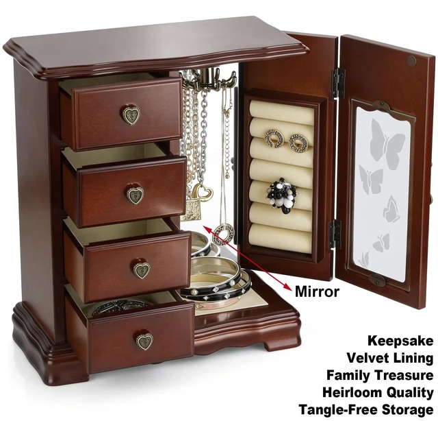 Alt view image 5 of 7 - Solid Wood Jewelry Box for Women Brown | Vintage Butterfly Glass Door Jewelry Armoire with Mirror, 4 Drawers & Rotating Necklace Carousel